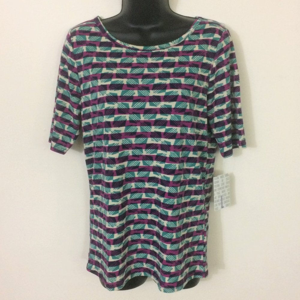LulaRoe Gigi Purple Green Stripe Pattern Print Top L